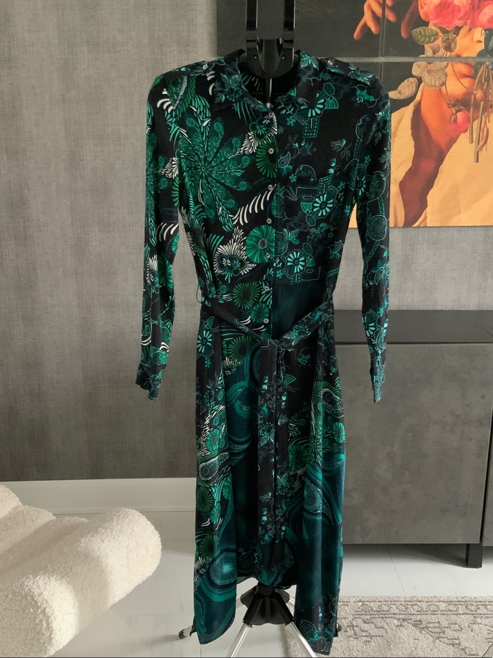 Desigual Black and Emerald Green Floral Long Sleeve Midi Dress 38